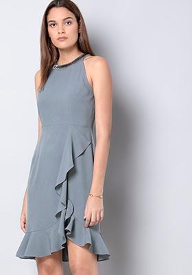 Grey Embellished Halter Ruffled Mini Dress