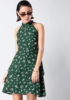 Green Floral Halter Tiered Dress 