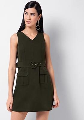 Olive Flap Pocket Belted Shift Dress 