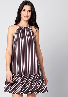 Wine Striped Strappy Halter Dress 