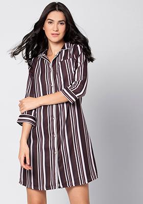 Wine Black Striped Night Shirt Dress 