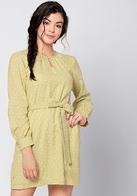 Green Polka Belted Kaftan Mini Dress 
