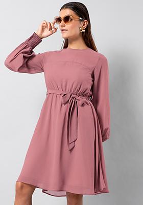 Rose Pink Embellished Belted Shift Dress 