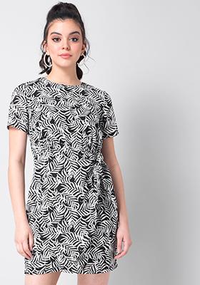 Black White Tropical Tie Up Wrap Dress 