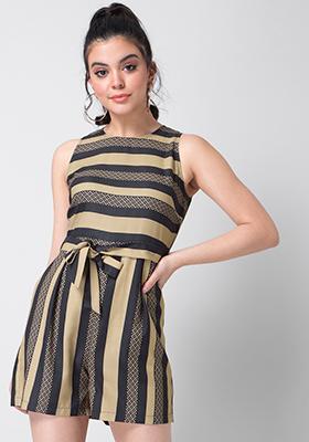 Black Beige Striped Belted Playsuit