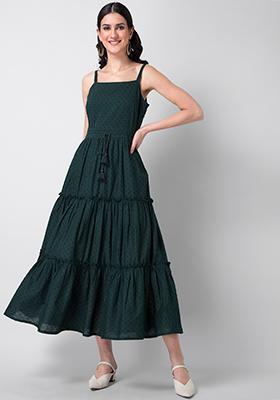 Bottle Green Tiered Strappy Maxi Dress 