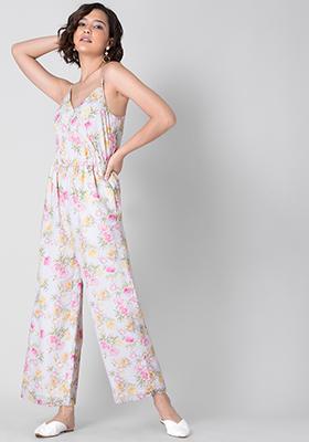 White Floral Strappy Wrap Jumpsuit 