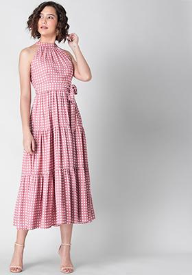 Pink Polka Belted Halter Maxi Dress