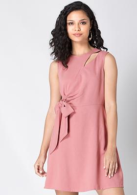 Dusty Pink Slit Shoulder Side Tie Dress