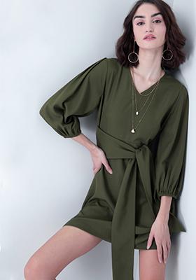 Olive Waist Tie Up Shift Dress
