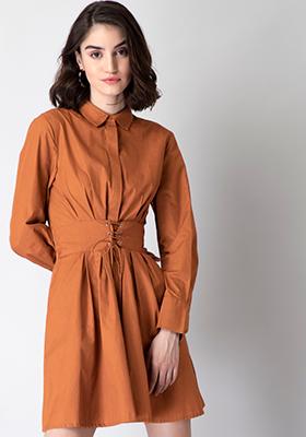 Rust Corset Belted Shirt Dress 