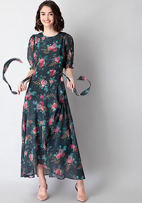 Buy Women Teal Floral Ruffled Maxi Dress - Trends Online India - FabAlley