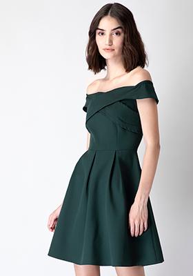 Dark Green Pleated Off Shoulder Dress 
