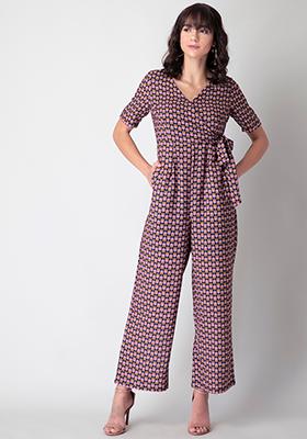 Pink Geo Side Tie Wrap Jumpsuit 