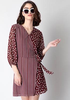 Maroon Printed Puff Sleeve Wrap Dress 