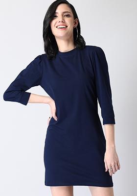 Blue Round Neck Bodycon Dress 