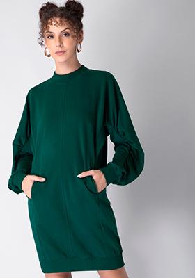 Bottle Green Fleece High Neck Dress