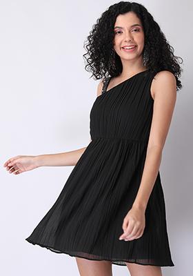 Black One Shoulder Strappy Embellished Dress 