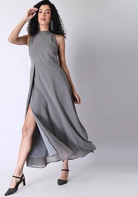 Grey Halter Neck Embellished Maxi Dress