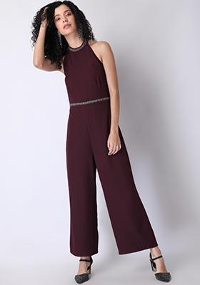 Wine Halter Embellished Neck Jumpsuit 