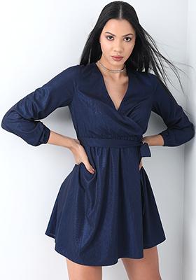 Navy Shimmer Wrap Belted Dress ...