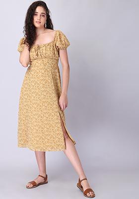 Brown Floral Puff Sleeve Front Slit Midi Dress 
