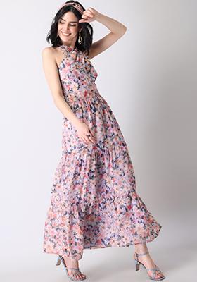 Blue Floral Criss Cross Tiered Maxi Dress 