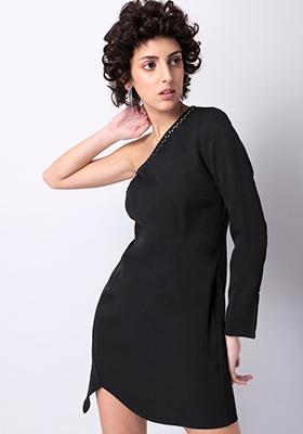 Black  Embellished One Shoulder Asymmetric Mini Dress 
