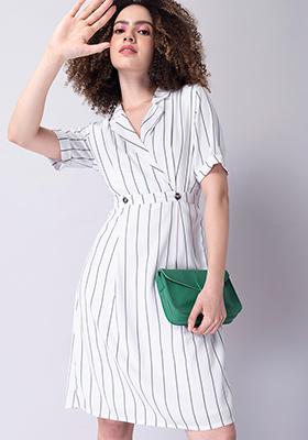 White Striped Lapel Collar Wrap Dress 
