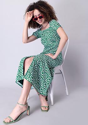 Green Floral High Slit Maxi Dress 