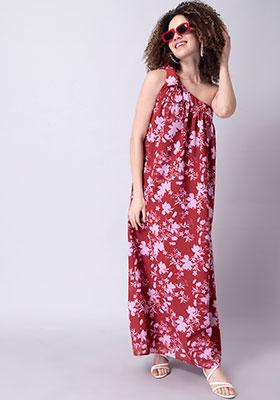 Red Floral One Shoulder Tie Up Dress 