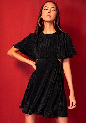 Black Pleated Waist Cut Out Dress