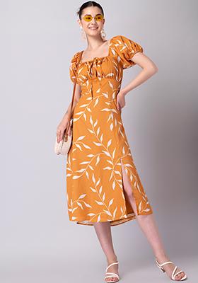 Mustard Yellow Printed Front Slit Dress
