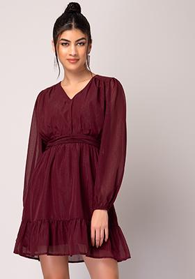 Maroon Elasticated Waist Ruffled Dress