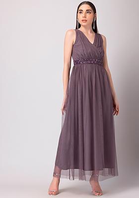 Lilac Mesh Embellished Maxi Dress 