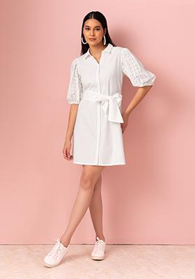 White Cotton Shirt Dress With Fabric Belt