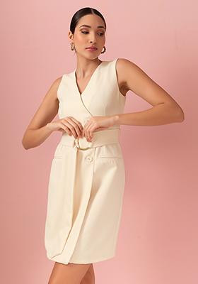 White Double-Breasted Blazer Dress With Belt