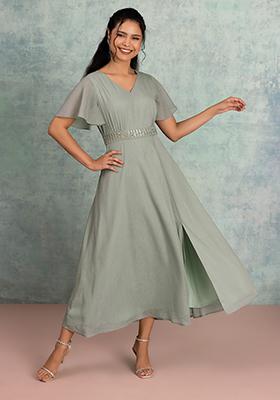 Pastel Green Embellished Waist Maxi Dress
