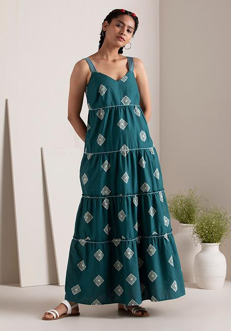 Teal Tribal Tiered Maxi Dress