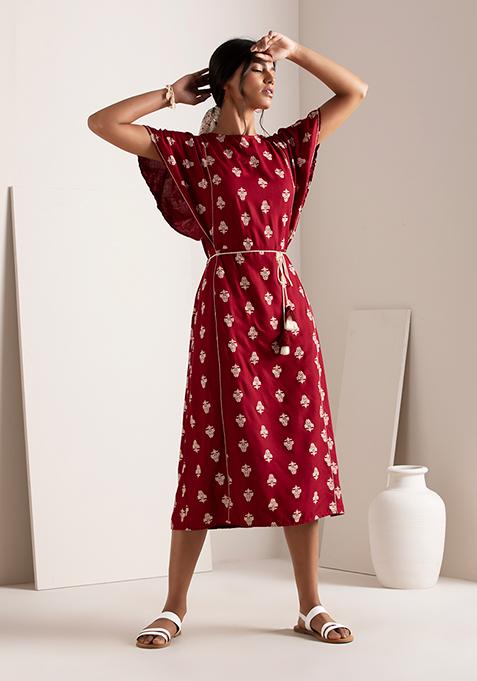 Maroon Floral Polka Belted Straight Dress 
