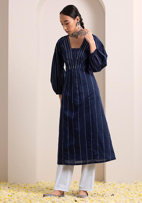 Navy Chanderi Sequinned A-Line Kurta 
