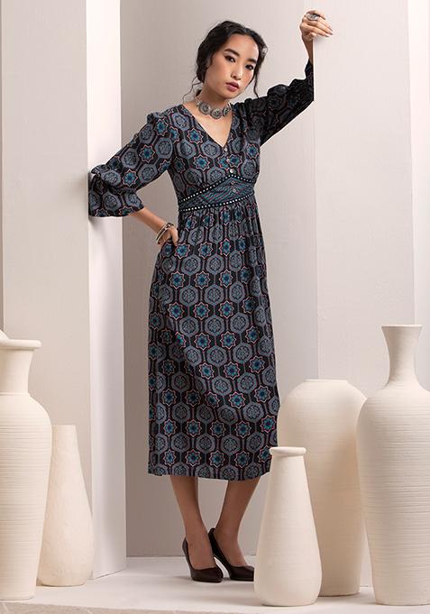 Navy Ajrakh Printed A-Line Dress 