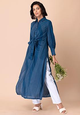 Navy Striped Stitch Knotted Shirt Kurta 