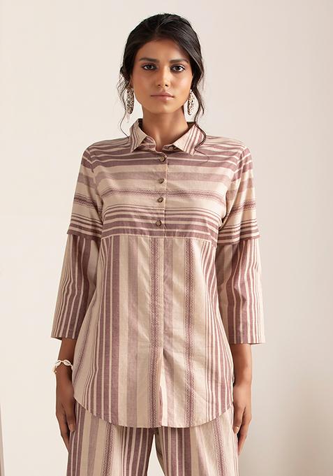 Beige Maroon Striped Shirt 