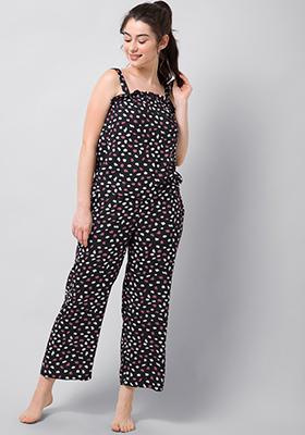 Black Printed Strappy Pyjama Set 