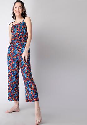 Black Floral Tie Up Strappy Pyjama Set 