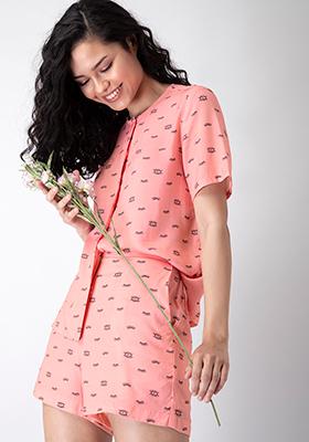 Pink Abstract Printed Shorts Set 