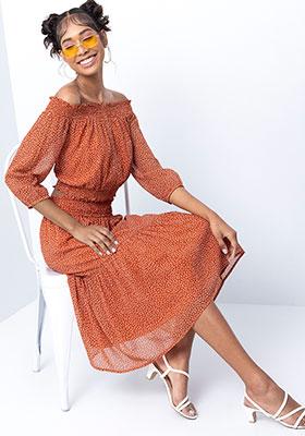 Rust Polka Smocked Midi Skirt and Bardot Top Co-ord Set