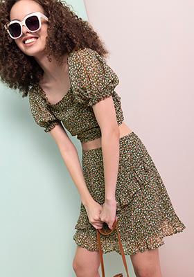 Olive Floral Smocked Top And Ruffled Mini Skirt Co-ord Set 