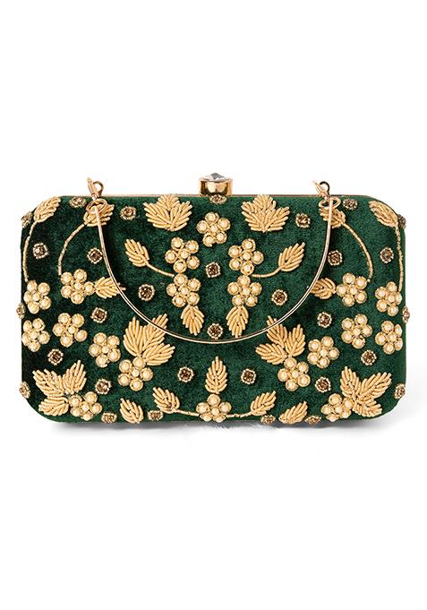Dark Green Zardosi Embroidered Clutch 